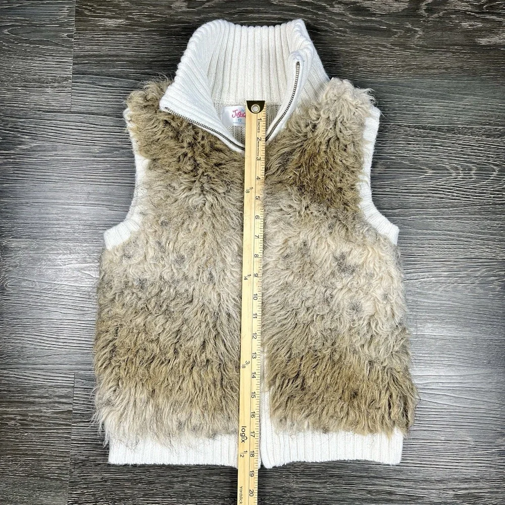 Justice Girls Faux Fur Sweater Full Zip Mock Vest Size 12 Cream Y2K Boho Shaggy‎